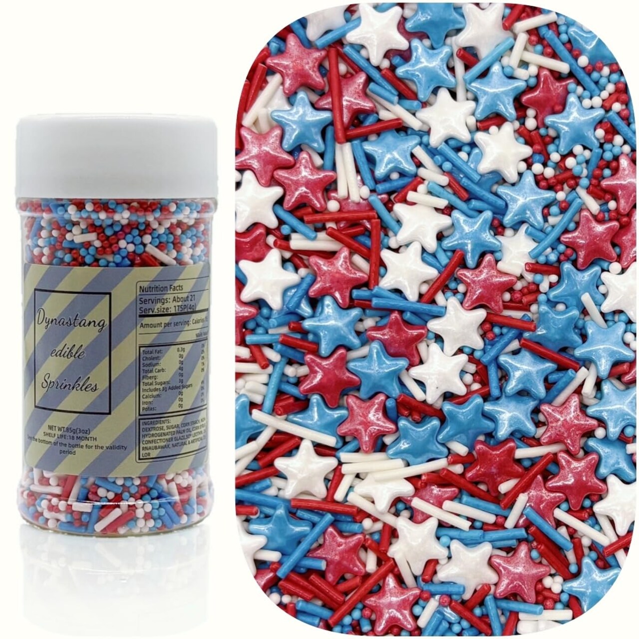 Patriotic Stars, Pearls & Jimmies Sprinkles Mix - 3oz Red White and Blue Edible Cake Decorations, Deluxe Cupcake Toppers for Independence Day, Memorial Day & Flag Day, Festive Dessert Topping Bottle (85g)